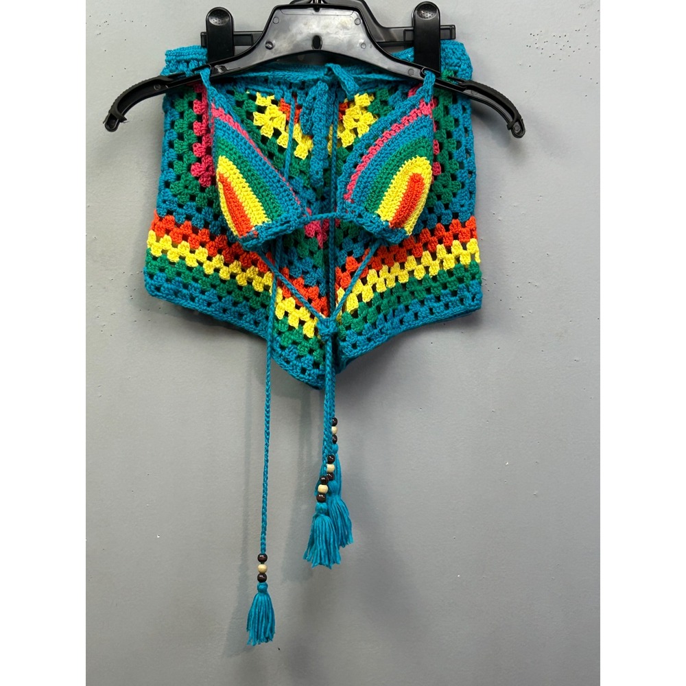 Crochet Swim Cover Up Women Small Teal Rainbow Open Knit Granny Square Boho Set